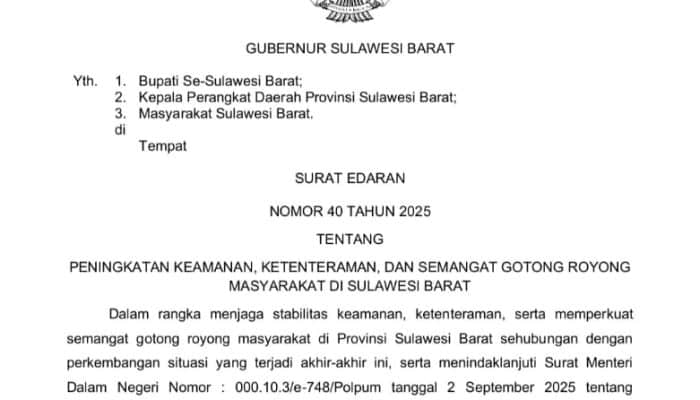Gubernur Sulbar Terbitkan Surat Edaran: Hidupkan Siskamling dan Gotong Royong untuk Jaga Keamanan